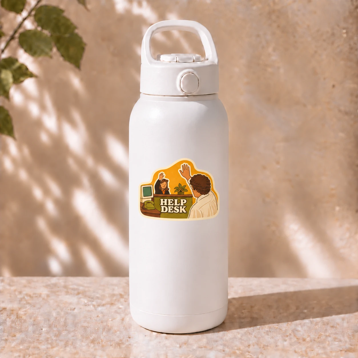 Help Desk Sticker, High Five design shown on a bottle