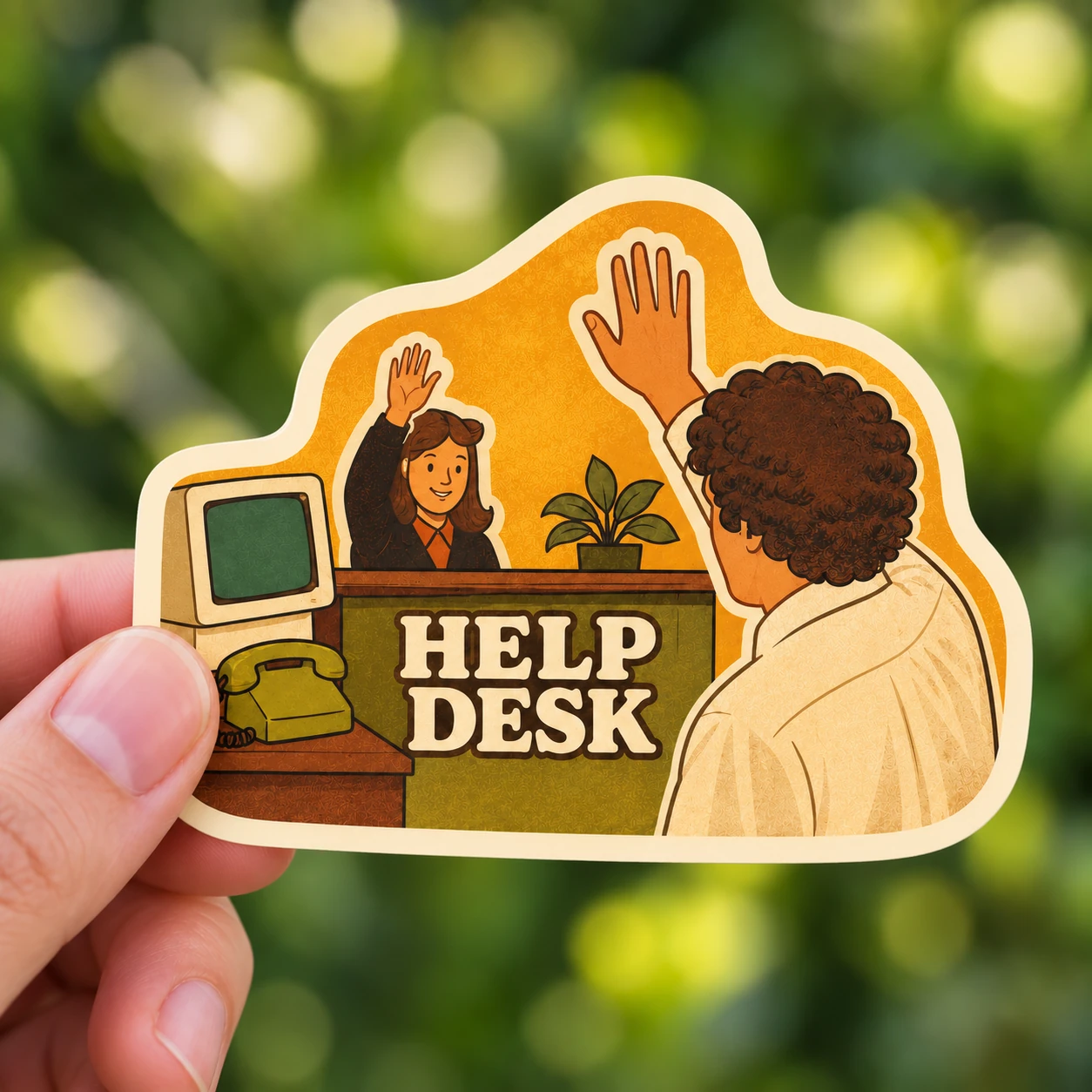 Help Desk Sticker, High Five design shown held in a hand