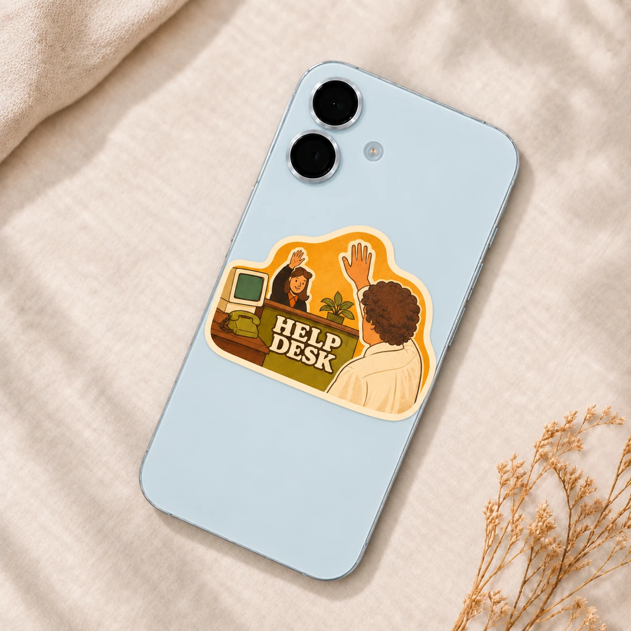 Help Desk Sticker, High Five design shown on a phone
