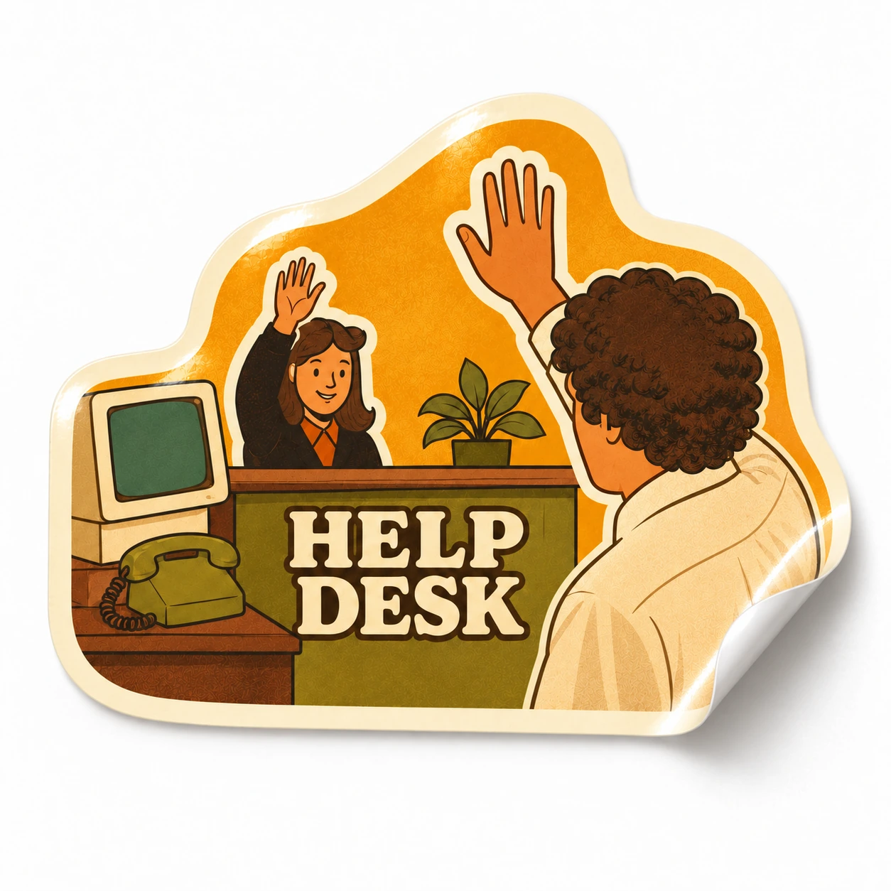 Help Desk Sticker — High Five design on a white background with a lifted corner