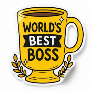 World’s Best Boss Sticker — Golden Trophy design on a white background with a lifted corner
