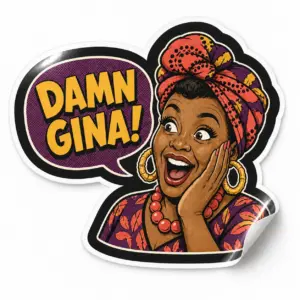 Damn Gina Sticker — Headwrap design on a white background with a lifted corner