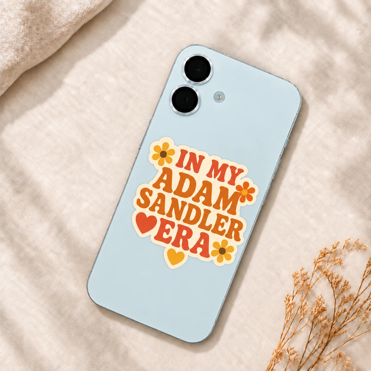 In My Adam Sandler Era Sticker, Retro Flowers design shown on a phone