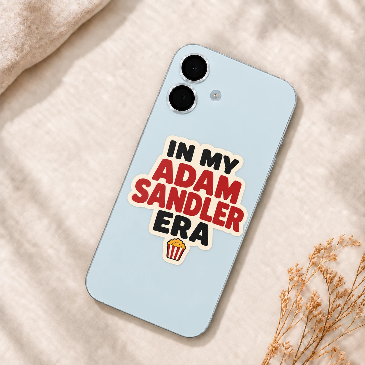 In My Adam Sandler Era Sticker, Movie Popcorn design shown on a phone
