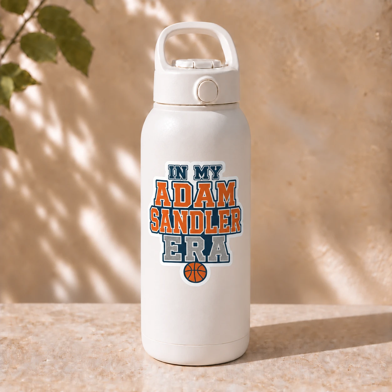 In My Adam Sandler Era Sticker, Varsity Basketball design shown on a bottle