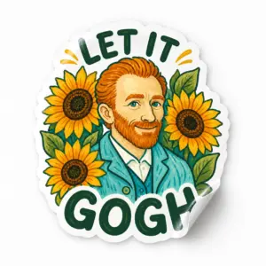 Let It Gogh Sticker — Sunflower Smile design on a white background with a lifted corner