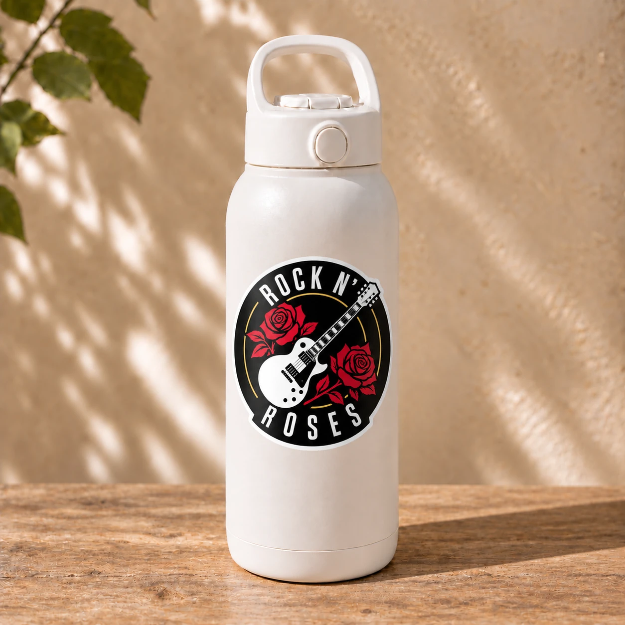 Rock ’n’ Roses Sticker, White Guitar design shown on a bottle