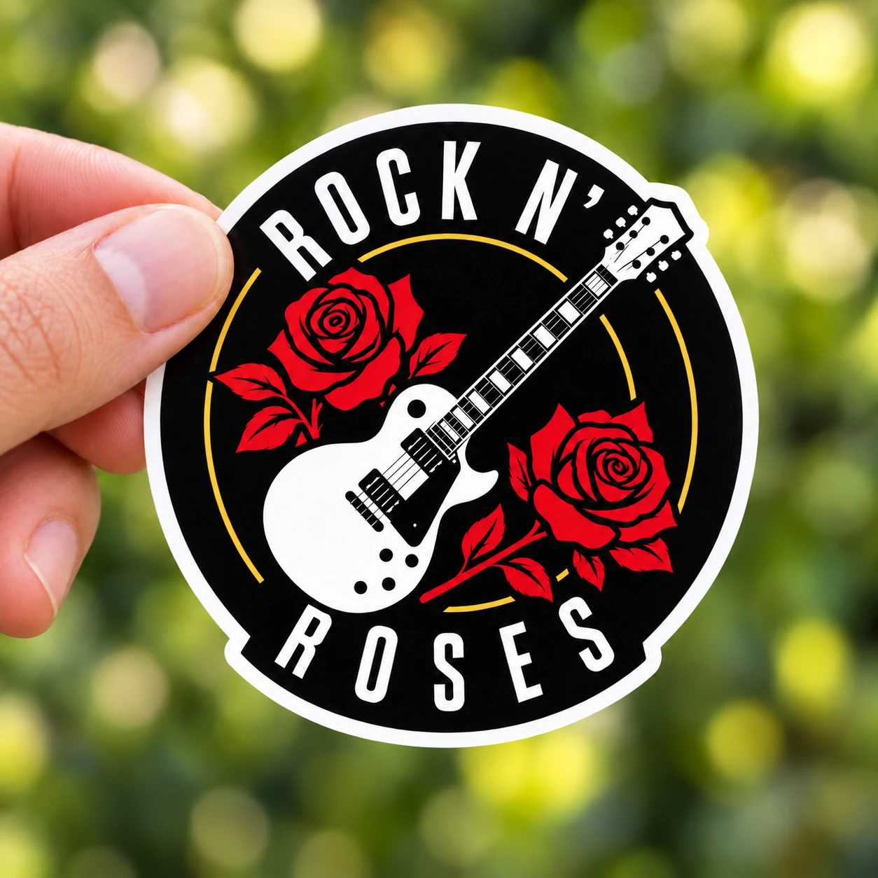 Rock ’n’ Roses Sticker, White Guitar design shown held in a hand