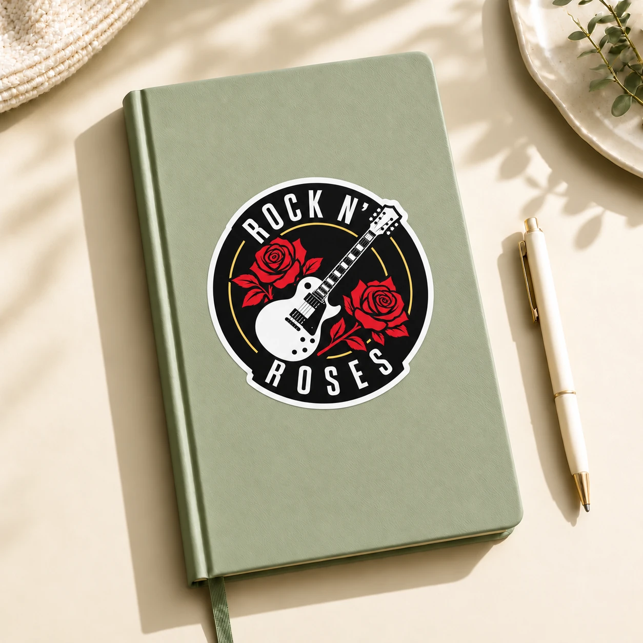 Rock ’n’ Roses Sticker, White Guitar design shown on a notebook