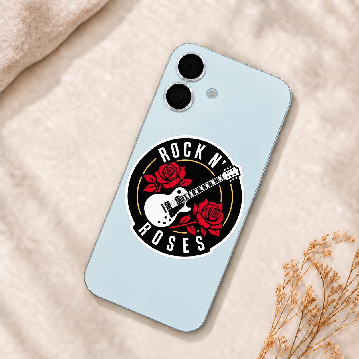 Rock ’n’ Roses Sticker, White Guitar design shown on a phone
