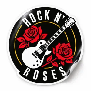 Rock ’n’ Roses Sticker — White Guitar design on a white background with a lifted corner