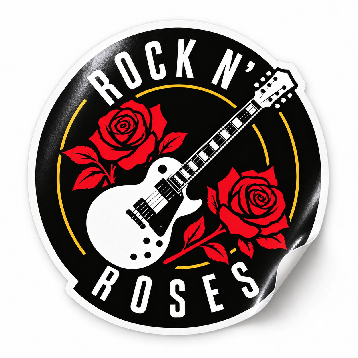 Rock ’n’ Roses Sticker — White Guitar design on a white background with a lifted corner
