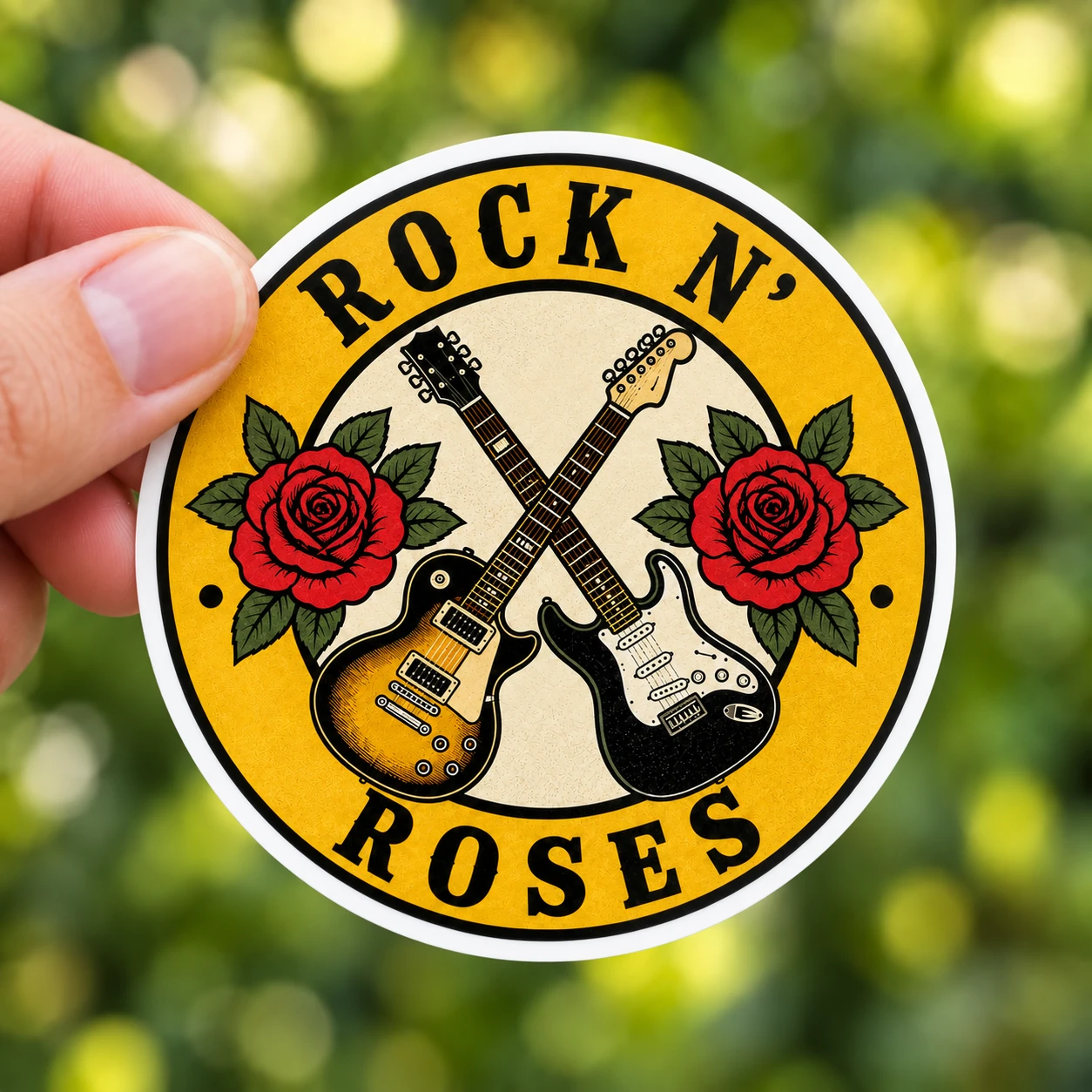 Rock ’n’ Roses Sticker, Crossed Guitars design shown held in a hand