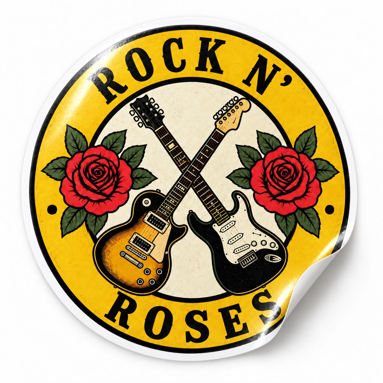 Rock ’n’ Roses Sticker — Crossed Guitars design on a white background with a lifted corner