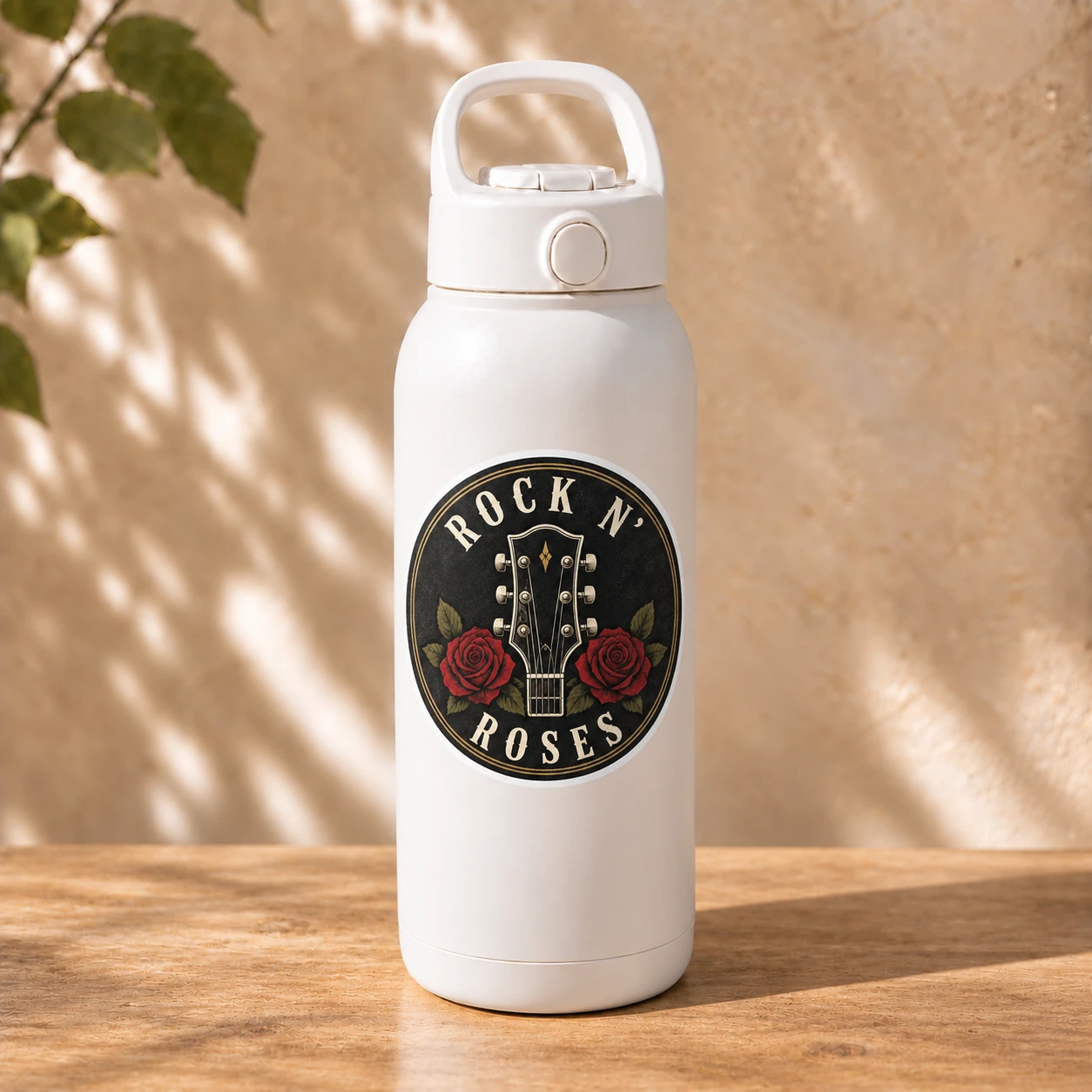 Rock ’n’ Roses Sticker, Rose Headstock design shown on a bottle