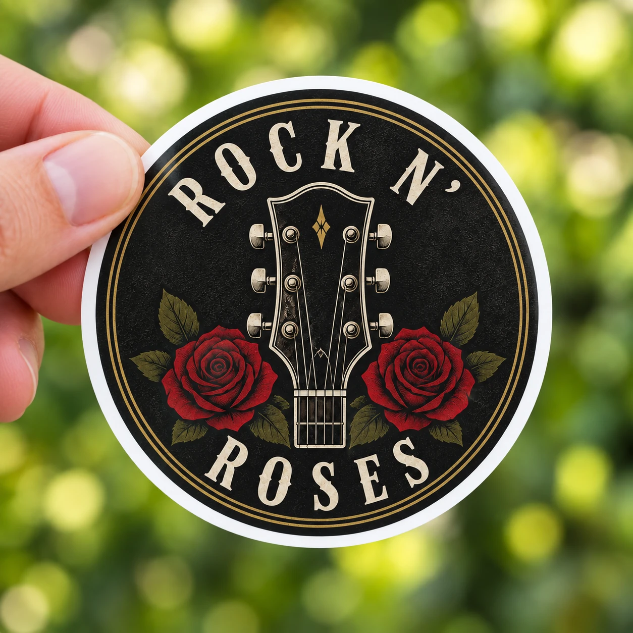 Rock ’n’ Roses Sticker, Rose Headstock design shown held in a hand