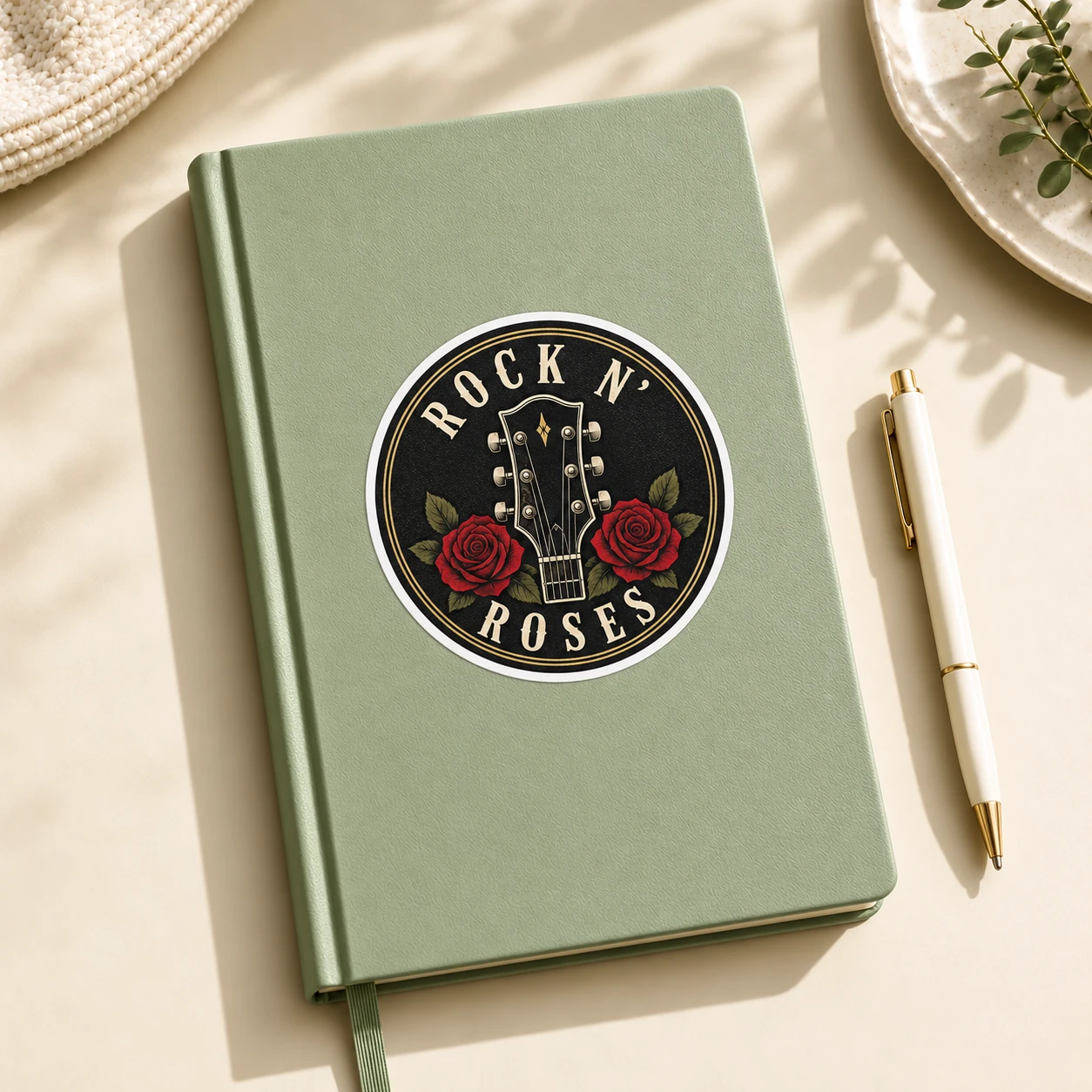 Rock ’n’ Roses Sticker, Rose Headstock design shown on a notebook