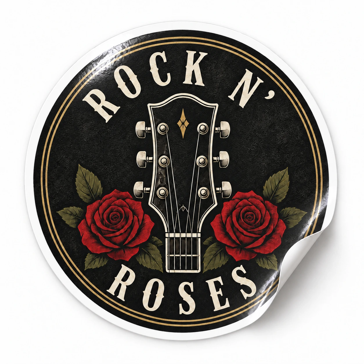 Rock ’n’ Roses Sticker — Rose Headstock design on a white background with a lifted corner