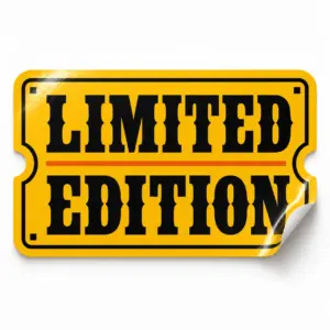 Limited Edition Sticker — Gold Ticket design on a white background with a lifted corner