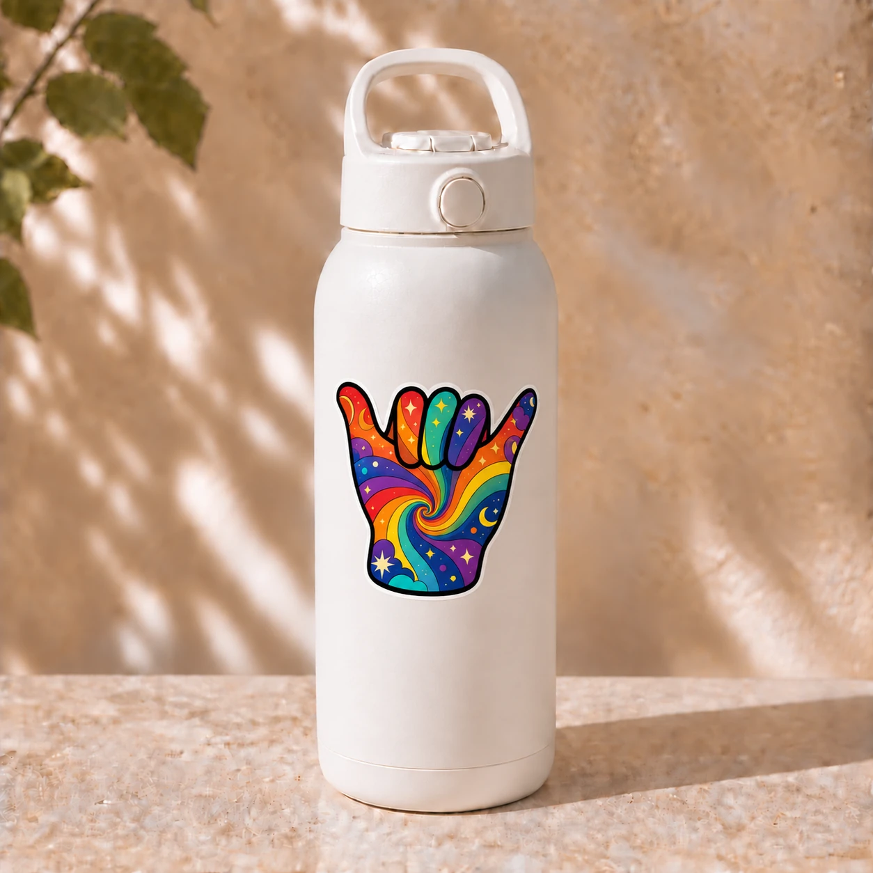 Psychedelic Hand Sign Sticker, Rainbow Shaka design shown on a bottle