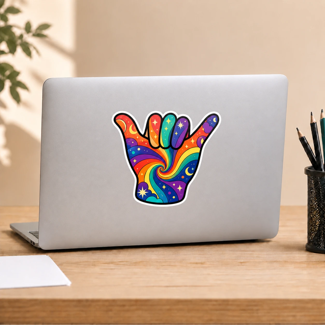 Psychedelic Hand Sign Sticker, Rainbow Shaka design shown on a laptop lid