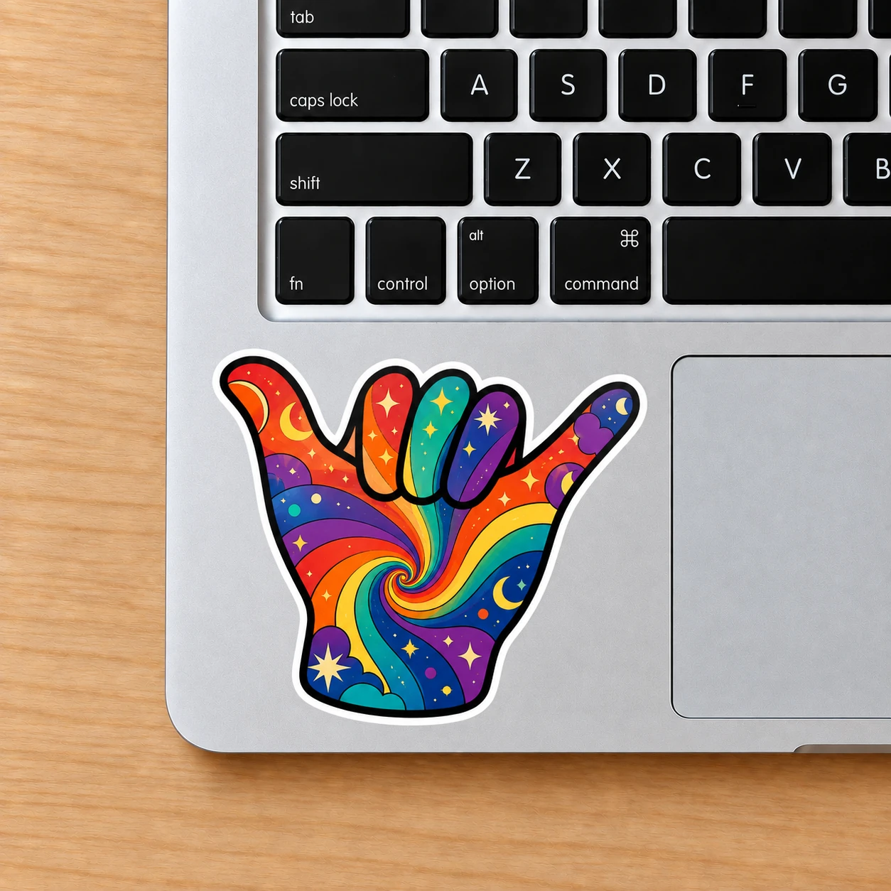 Psychedelic Hand Sign Sticker, Rainbow Shaka design shown on a laptop palm rest