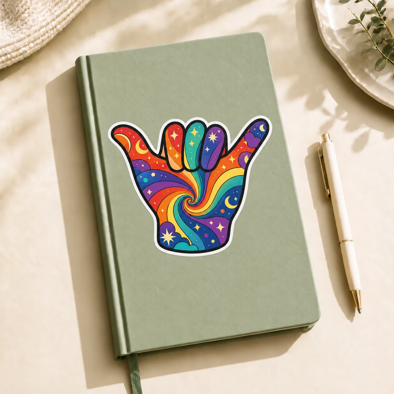 Psychedelic Hand Sign Sticker, Rainbow Shaka design shown on a notebook