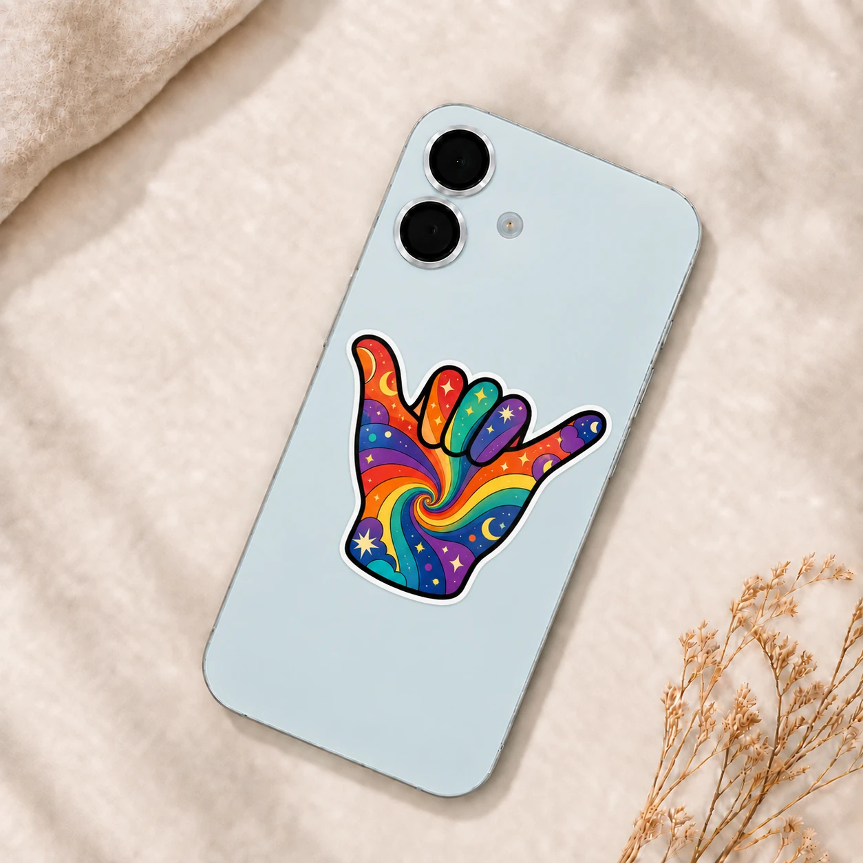 Psychedelic Hand Sign Sticker, Rainbow Shaka design shown on a phone