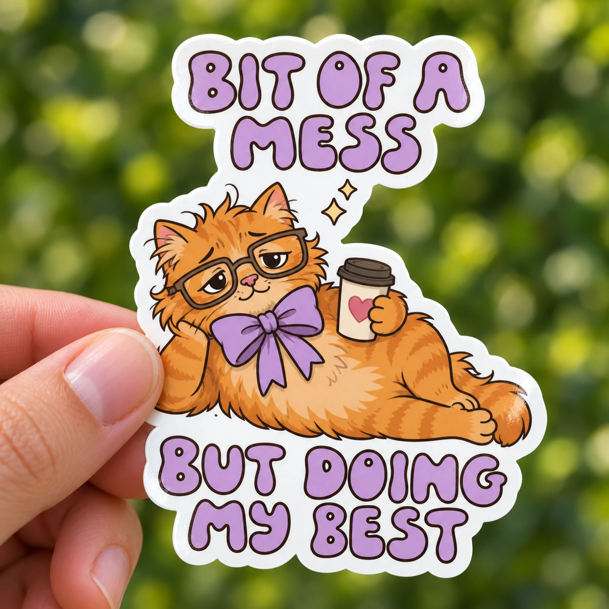 Bit of a Mess Sticker, Coffee Cat design shown held in a hand