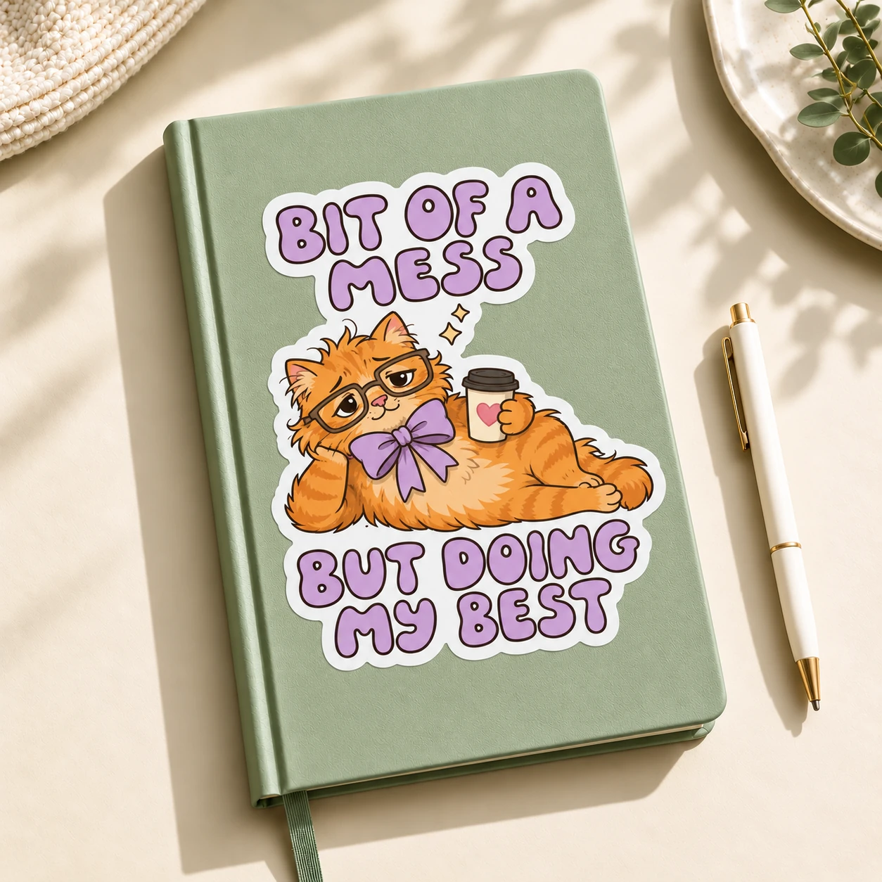 Bit of a Mess Sticker, Coffee Cat design shown on a notebook
