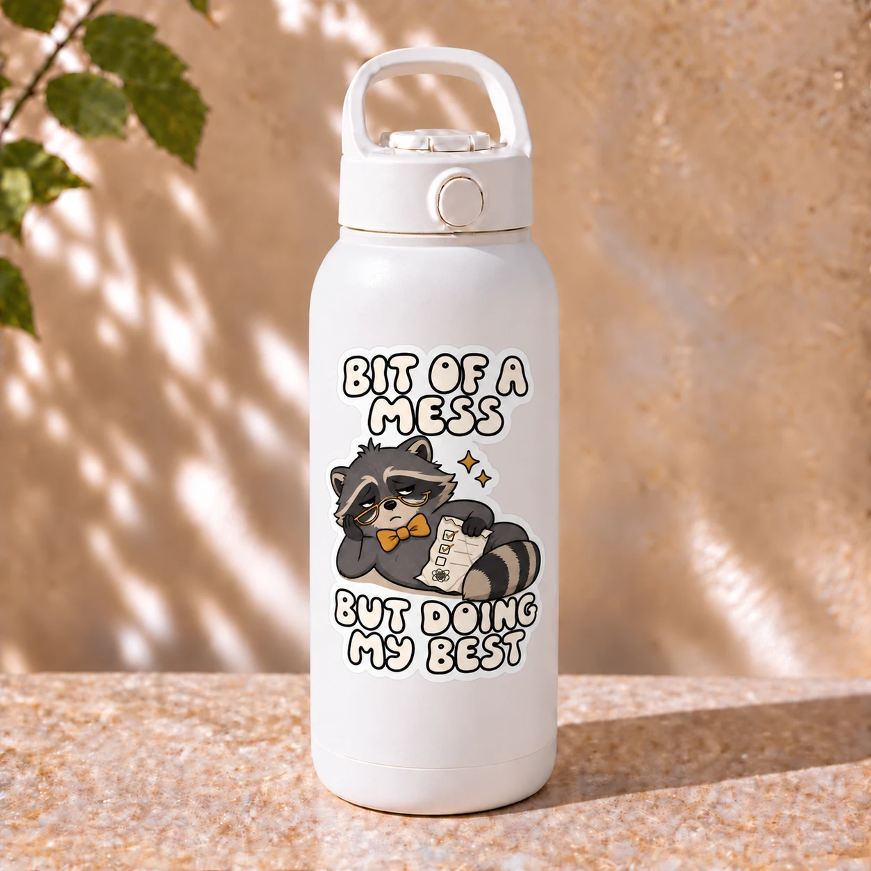 Bit of a Mess Sticker, Checklist Raccoon design shown on a bottle