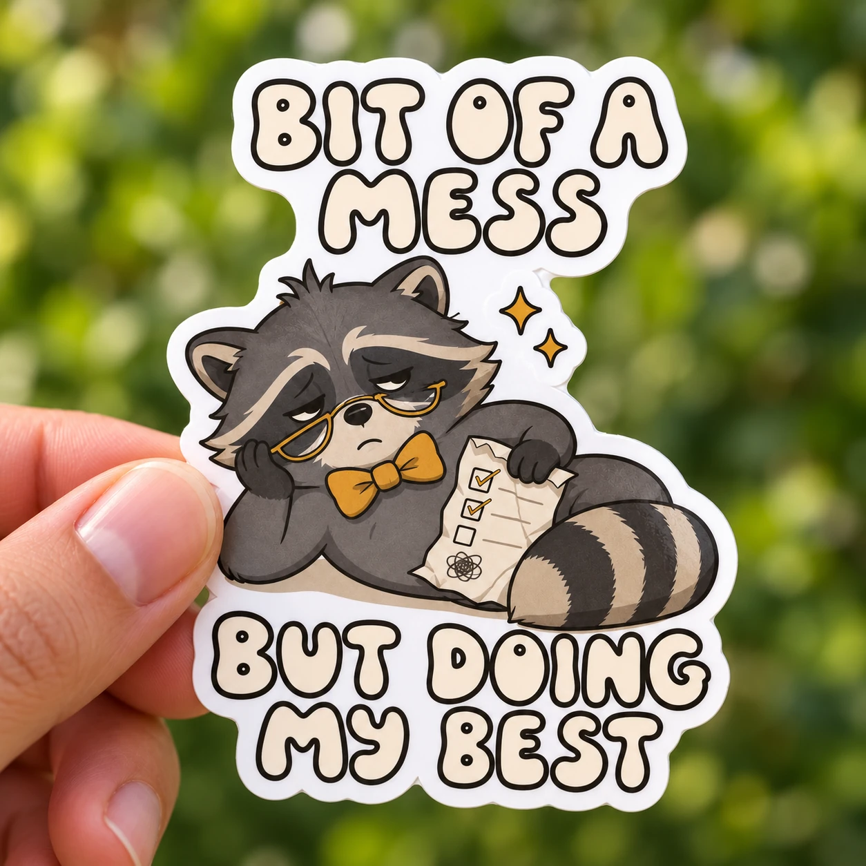 Bit of a Mess Sticker, Checklist Raccoon design shown held in a hand