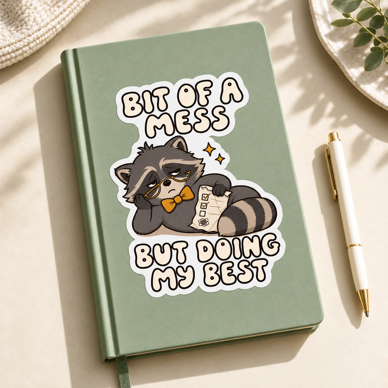 Bit of a Mess Sticker, Checklist Raccoon design shown on a notebook