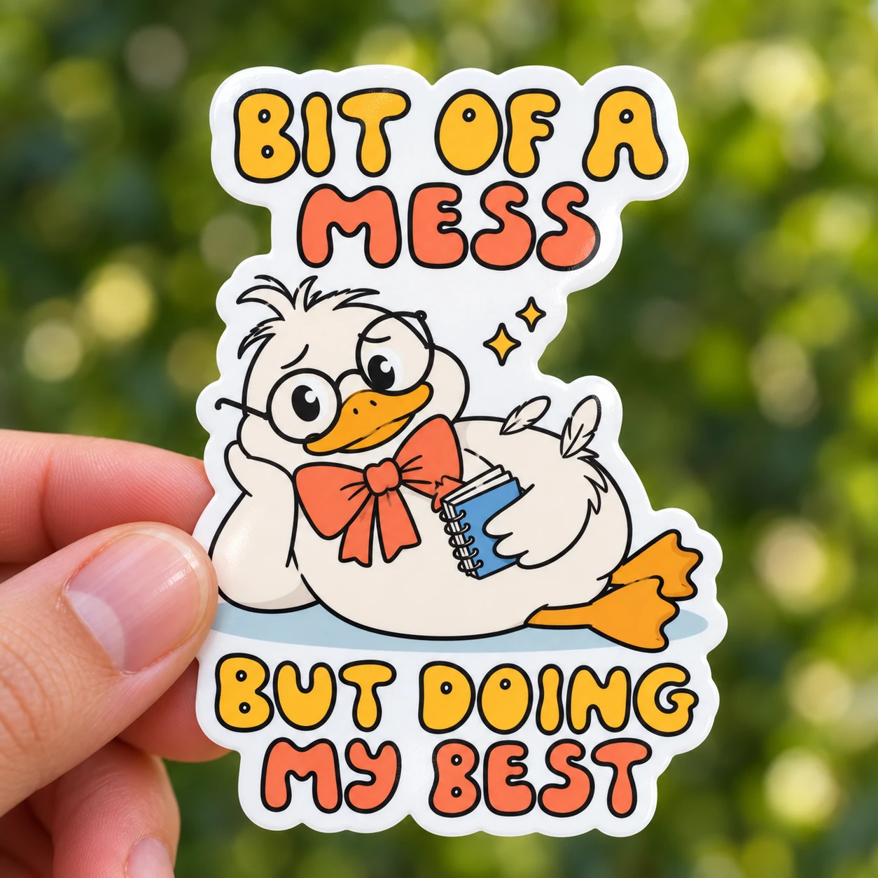 Bit of a Mess Sticker, Notebook Duck design shown held in a hand
