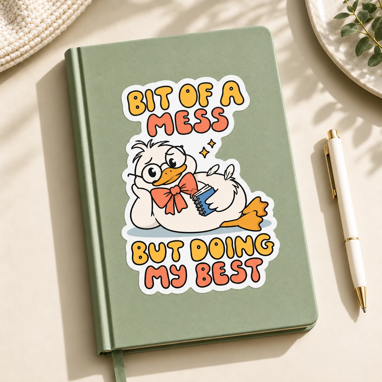 Bit of a Mess Sticker, Notebook Duck design shown on a notebook