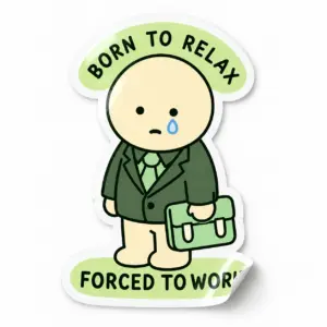 Born to Relax, Forced to Work Sticker — Mint Mood design on a white background with a lifted corner