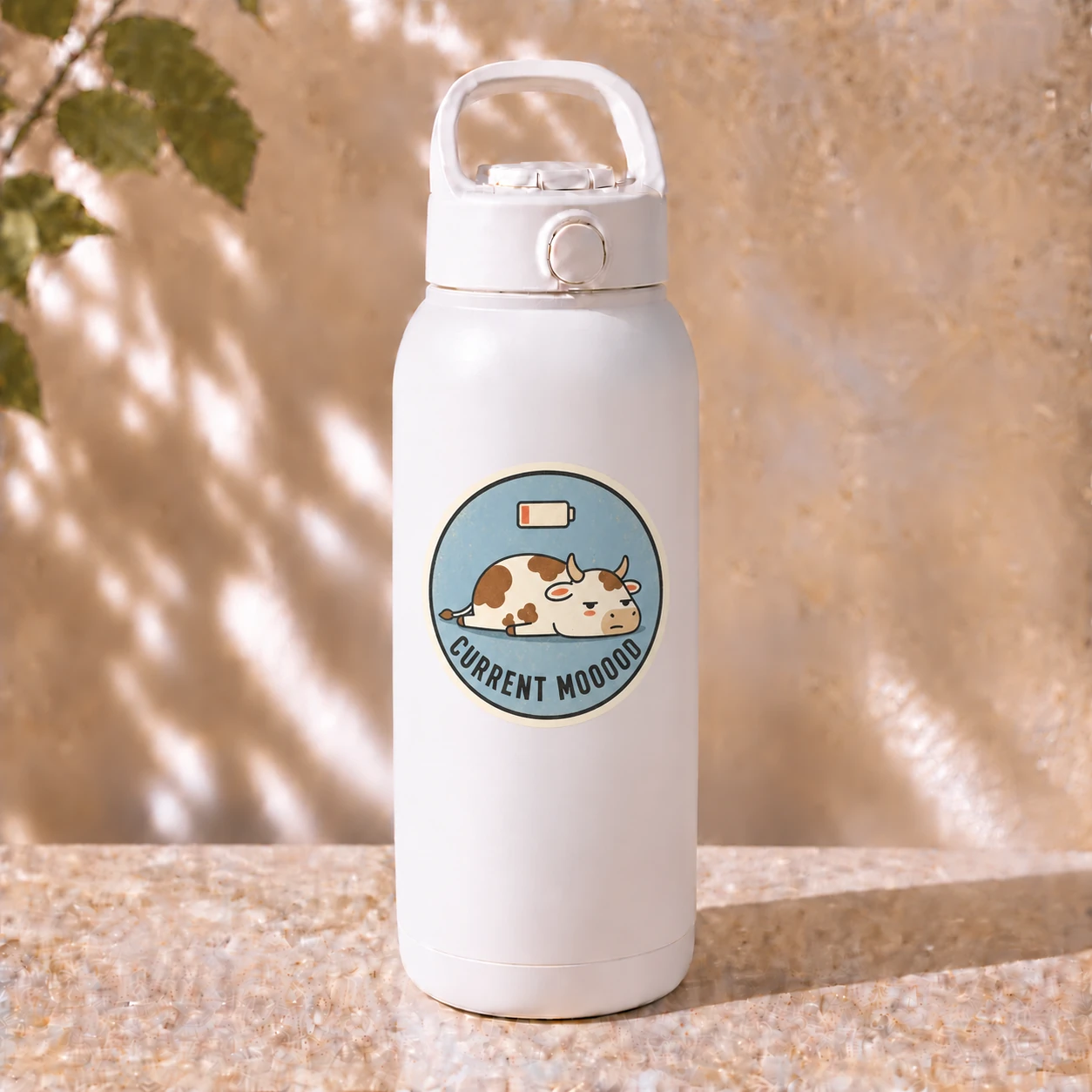 Current Mooood Sticker, Low Battery design shown on a bottle
