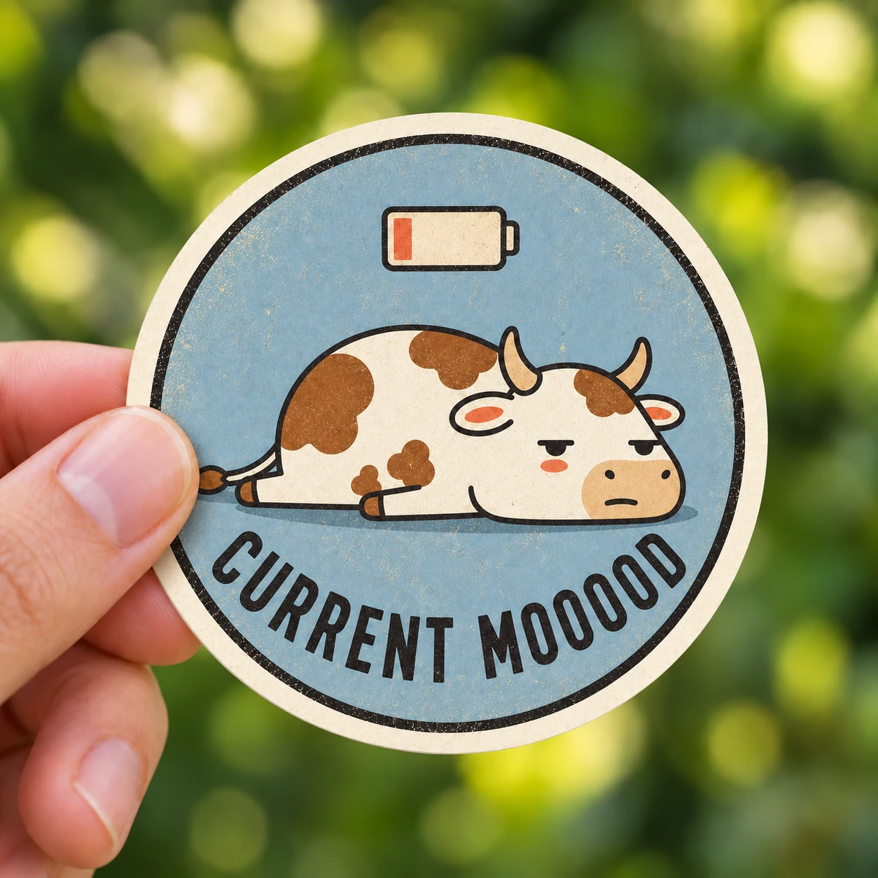 Current Mooood Sticker, Low Battery design shown held in a hand
