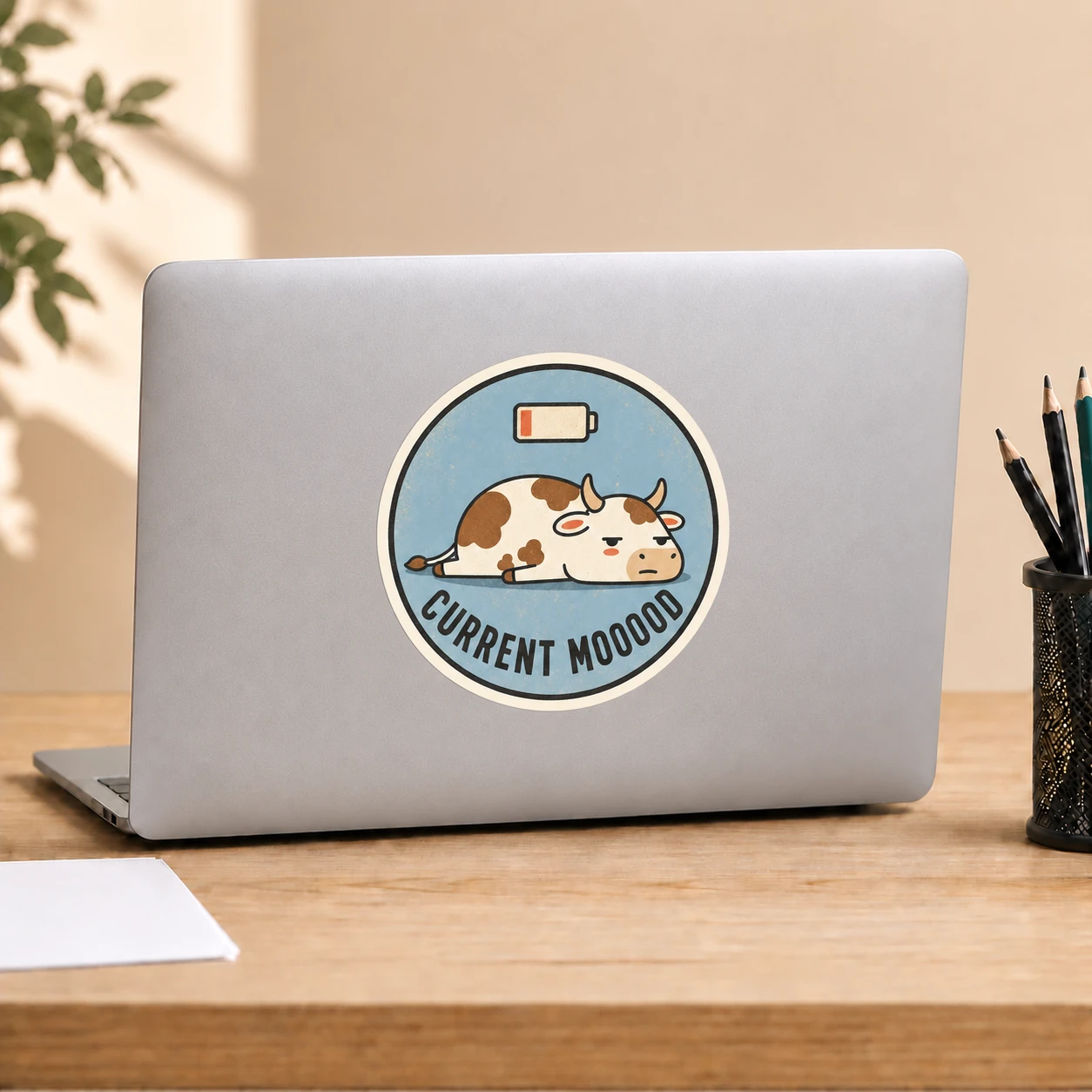 Current Mooood Sticker, Low Battery design shown on a laptop lid