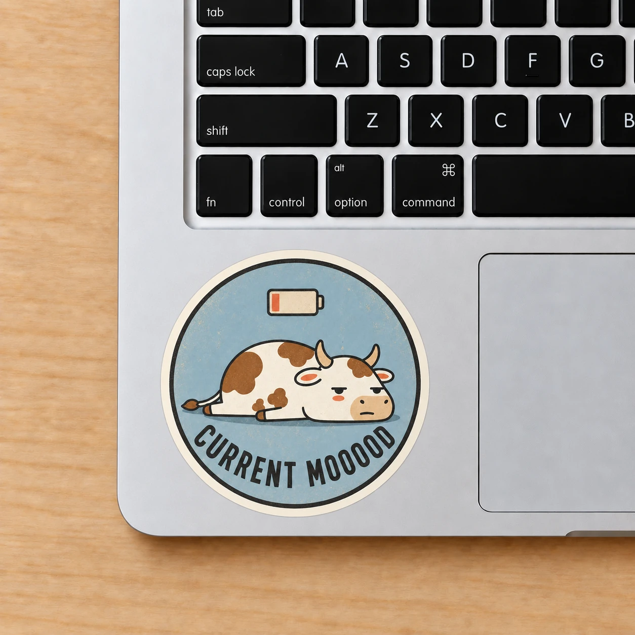 Current Mooood Sticker, Low Battery design shown on a laptop palm rest