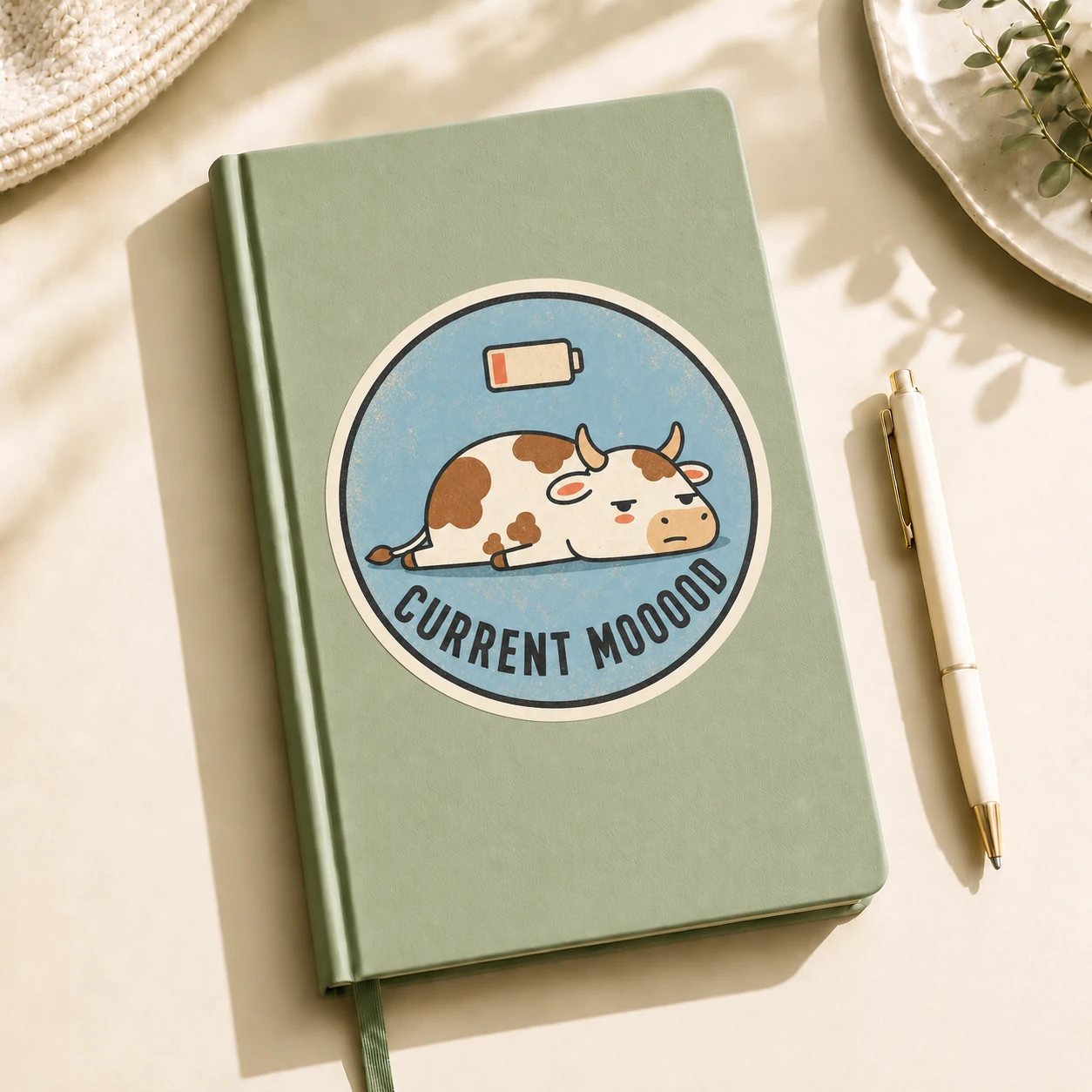 Current Mooood Sticker, Low Battery design shown on a notebook