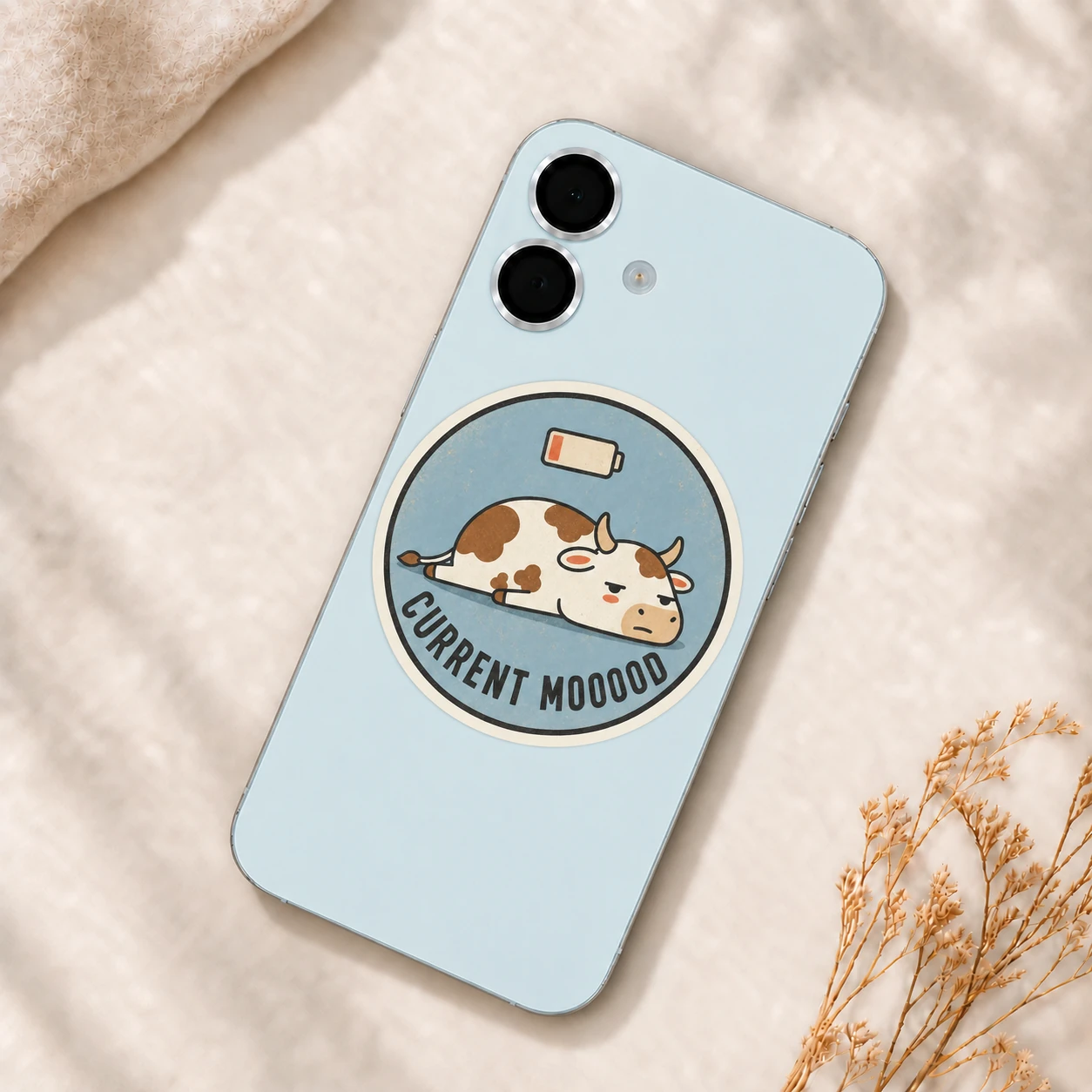 Current Mooood Sticker, Low Battery design shown on a phone