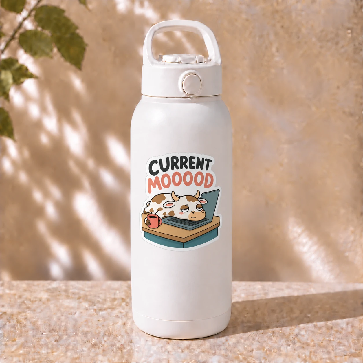 Current Mooood Sticker, Desk Slump design shown on a bottle