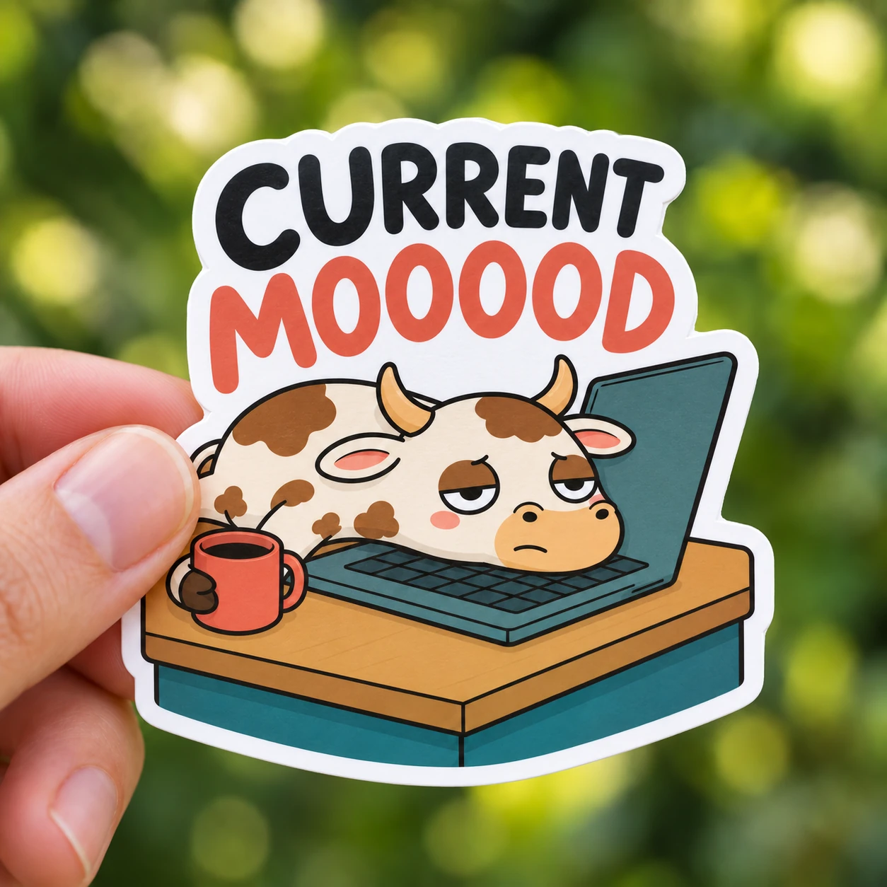 Current Mooood Sticker, Desk Slump design shown held in a hand
