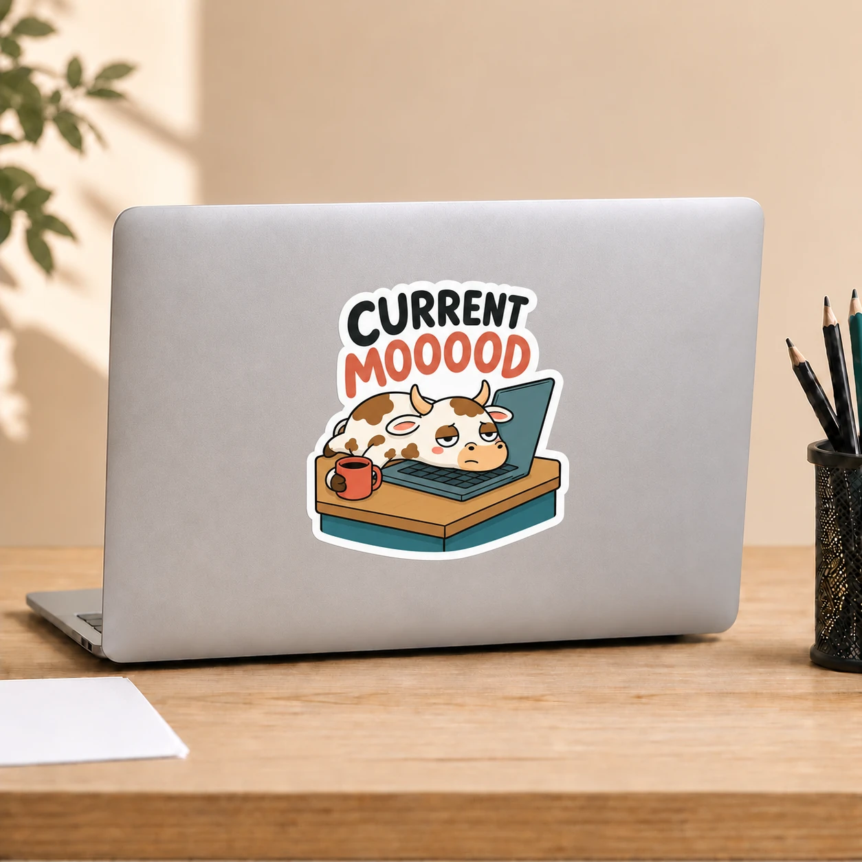 Current Mooood Sticker, Desk Slump design shown on a laptop lid