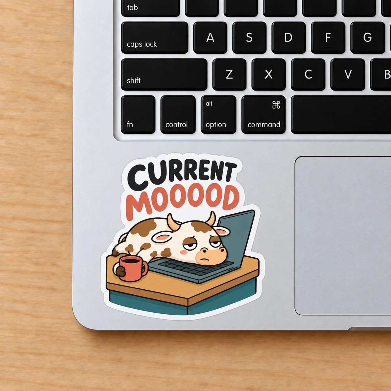 Current Mooood Sticker, Desk Slump design shown on a laptop palm rest