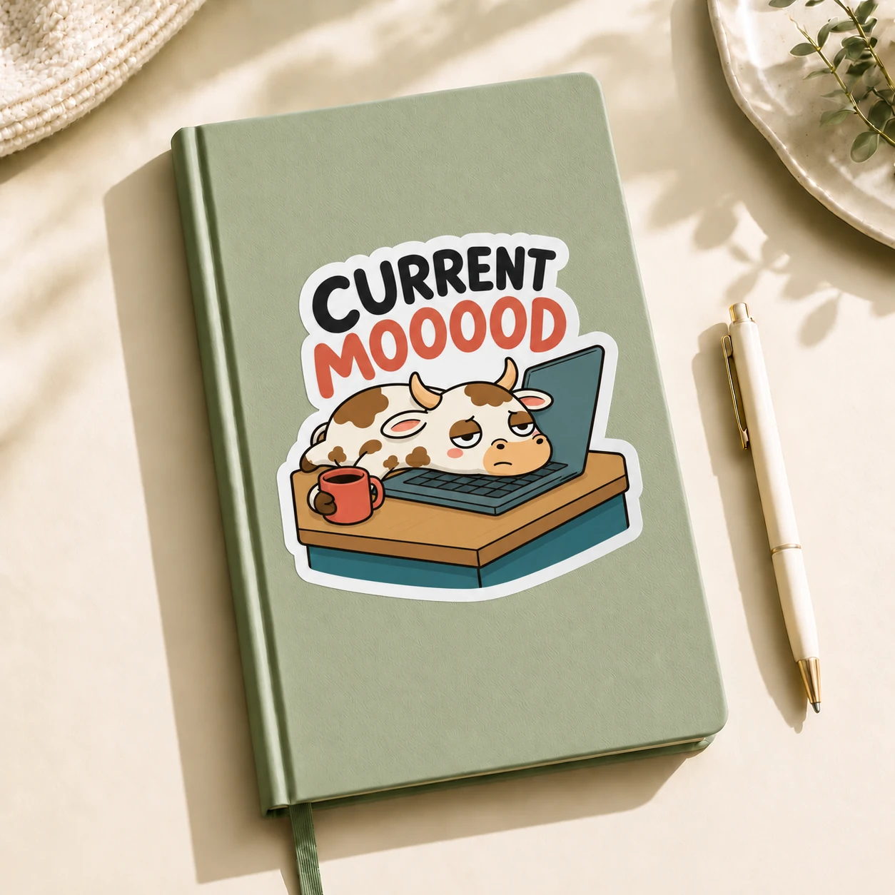 Current Mooood Sticker, Desk Slump design shown on a notebook