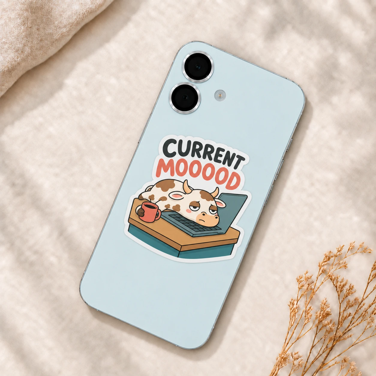 Current Mooood Sticker, Desk Slump design shown on a phone
