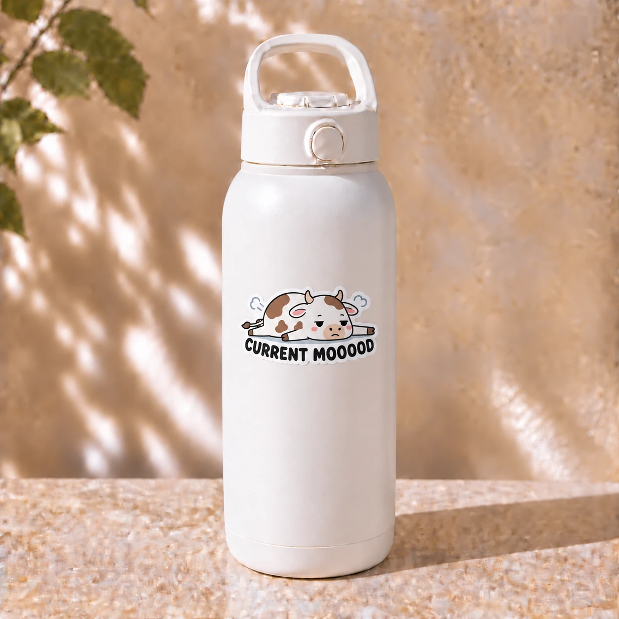 Current Mooood Sticker, Flat Out design shown on a bottle