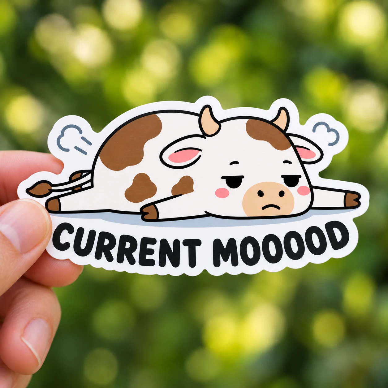 Current Mooood Sticker, Flat Out design shown held in a hand
